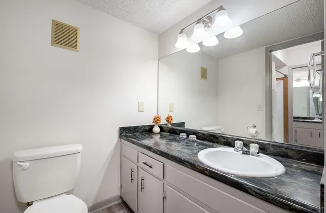 a bathroom with a granite countertop double vanity sink and a mirror