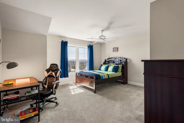 a spacious bedroom with a bed and a couch