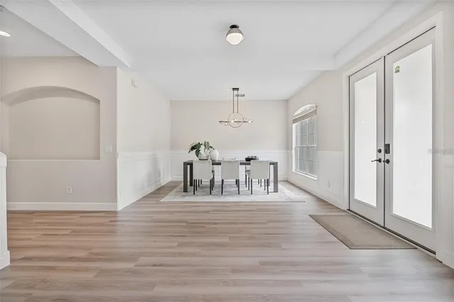 a view of dining room with wooden floor