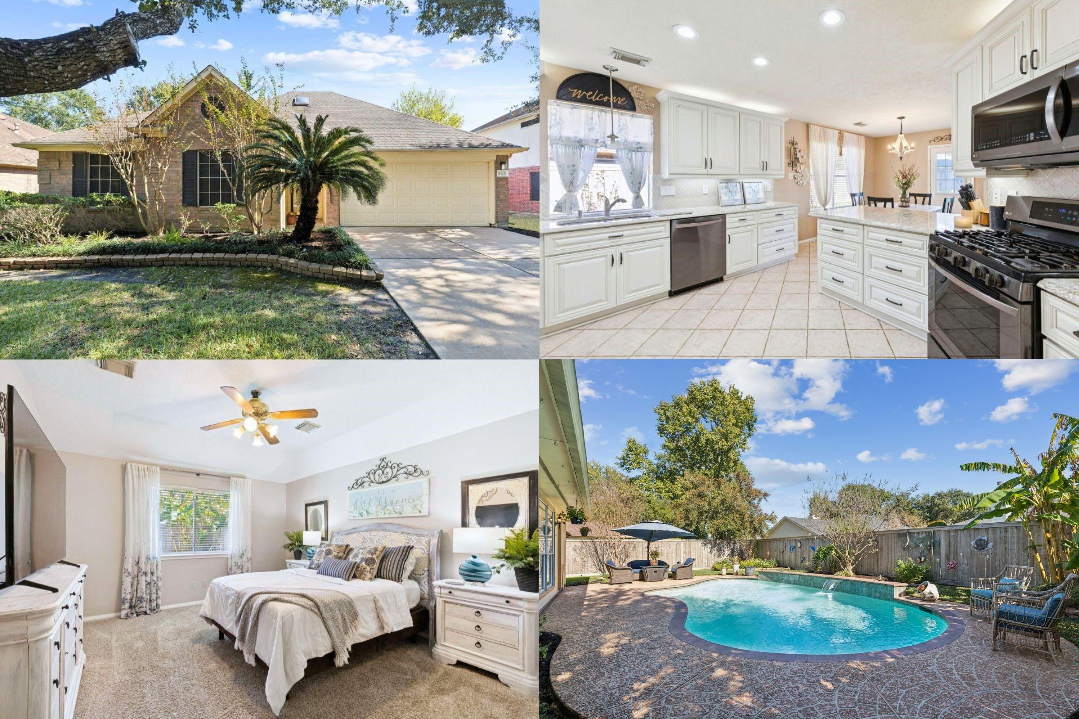 a living room with furniture and a kitchen area with potted plants