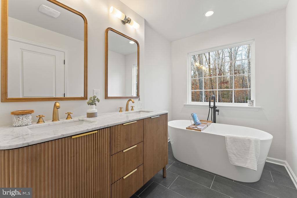 1339 Moody Town Road Bumpass, VA 23024 - Photo 23 of 63 a bathroom with a double vanity sink tub and a mirror