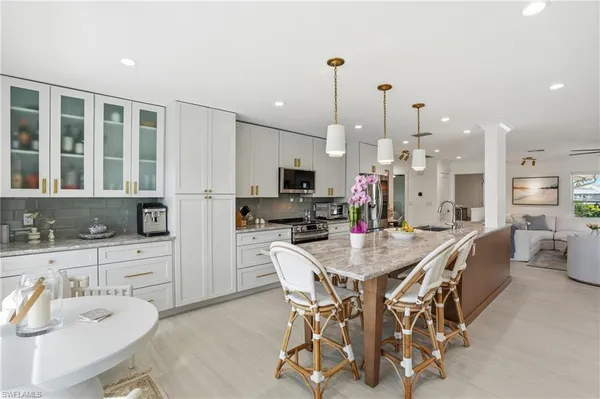 a view of a dining room with furniture