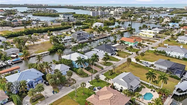 an aerial view of a house with a garden