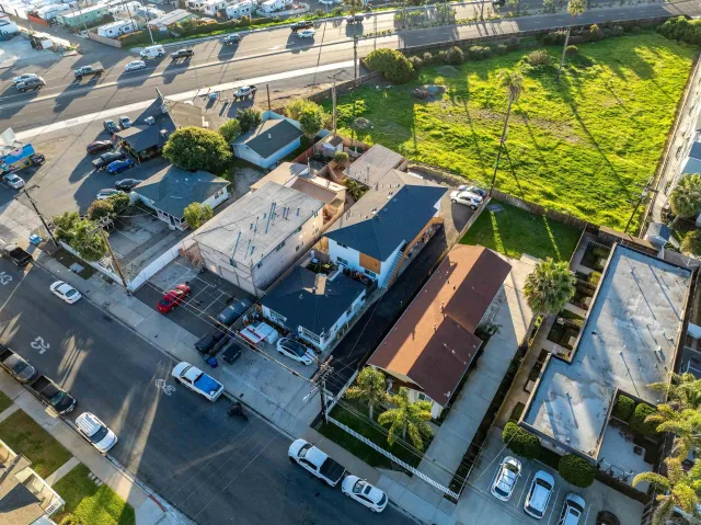 an aerial view of a house with a garden view