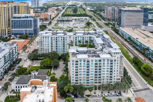 a city view with tall buildings