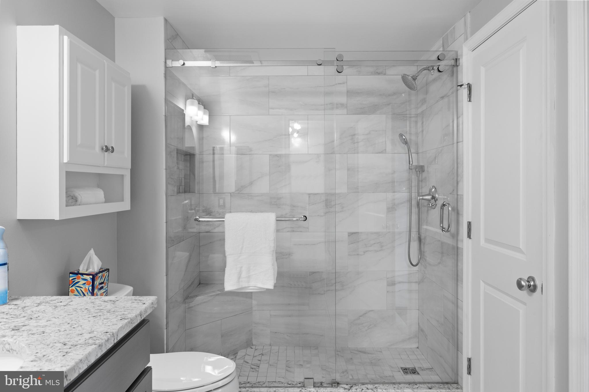 851 North Glebe Road, Unit 1508 Arlington, VA 22203 - Photo 24 of 41 a bathroom with a granite countertop sink toilet and shower