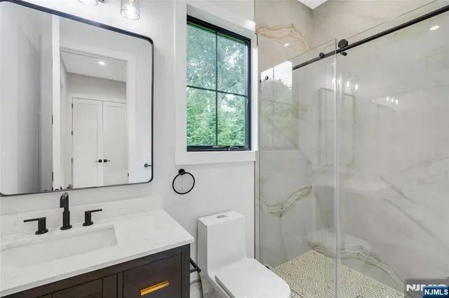 a bathroom with a toilet a sink a mirror and a shower