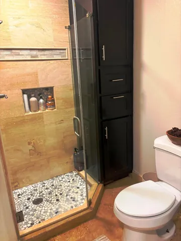 a bathroom with a toilet and a shower