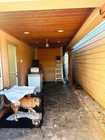 a view of a backyard with a slide