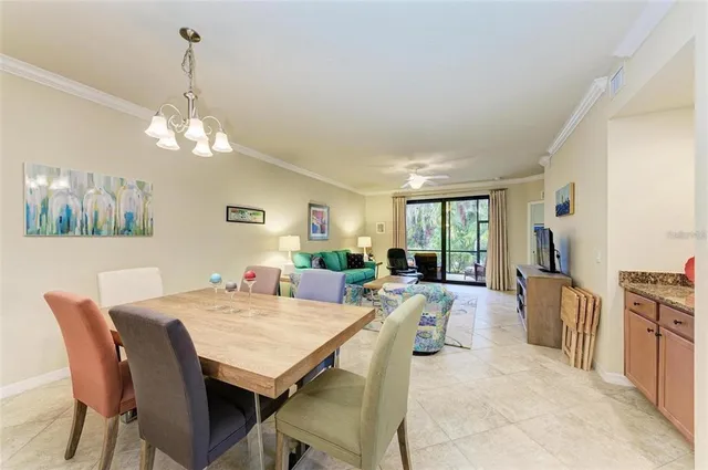 a view of a dining room with furniture window and outside view