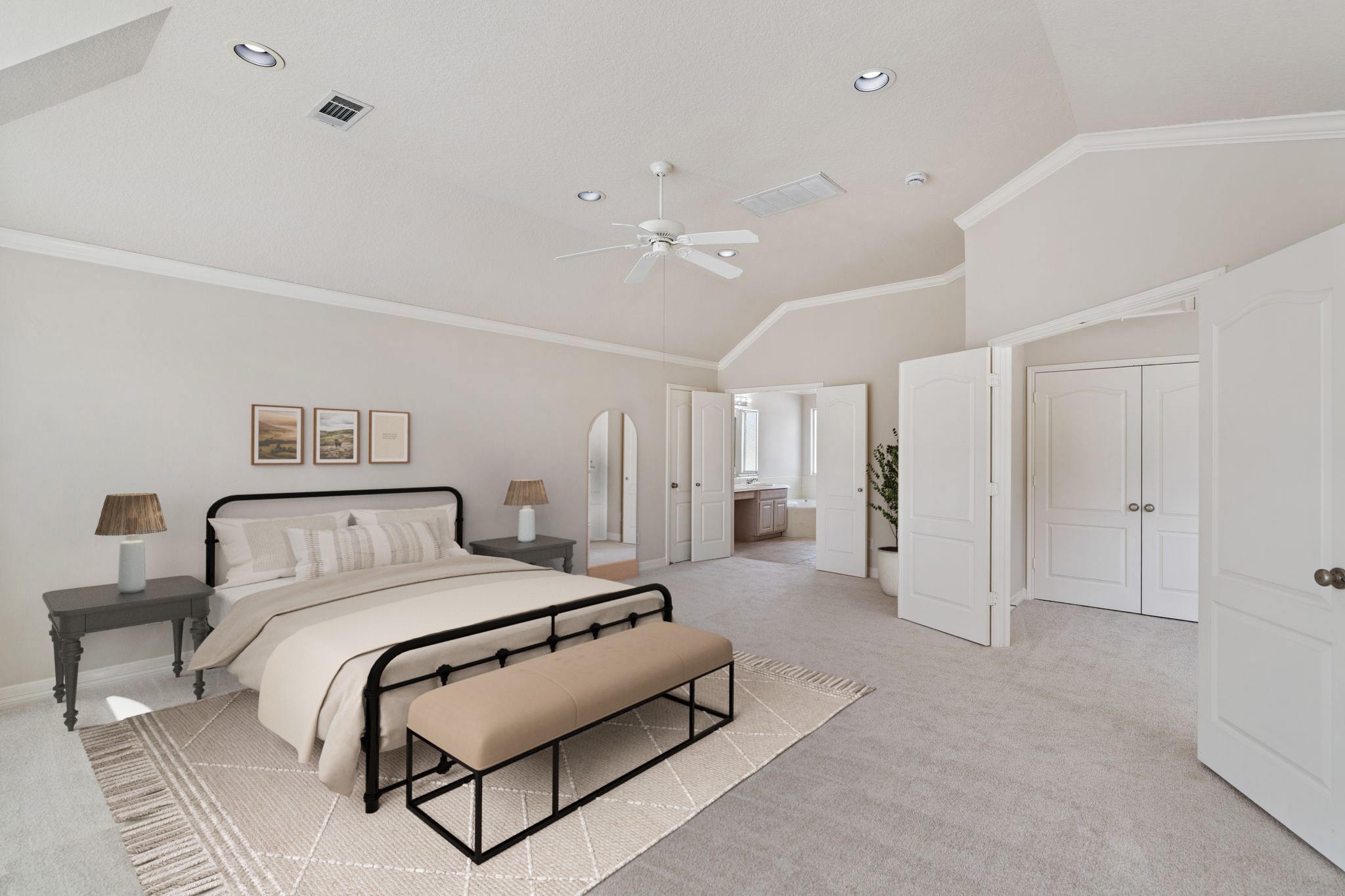 920 Asbury Street Houston, TX 77007 - Photo 23 of 33 a spacious bedroom with a bed a couch and a chandelier