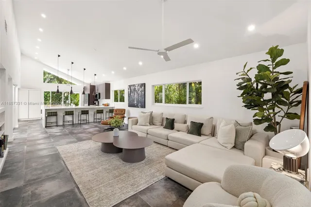 a living room with furniture kitchen view and a potted plant