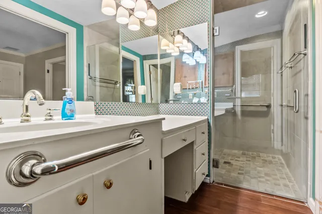 a bathroom with a shower