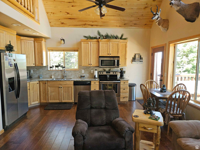 60 East Timber Rdg Road South, Unit 60 Mount Pleasant, UT 84647 - Photo 5 of 12 Open concept living space featuring wood-finish flooring, a vaulted wood-paneled ceiling, and a kitchen with light wood cabinetry, stainless steel appliances, and a tiled backsplash
