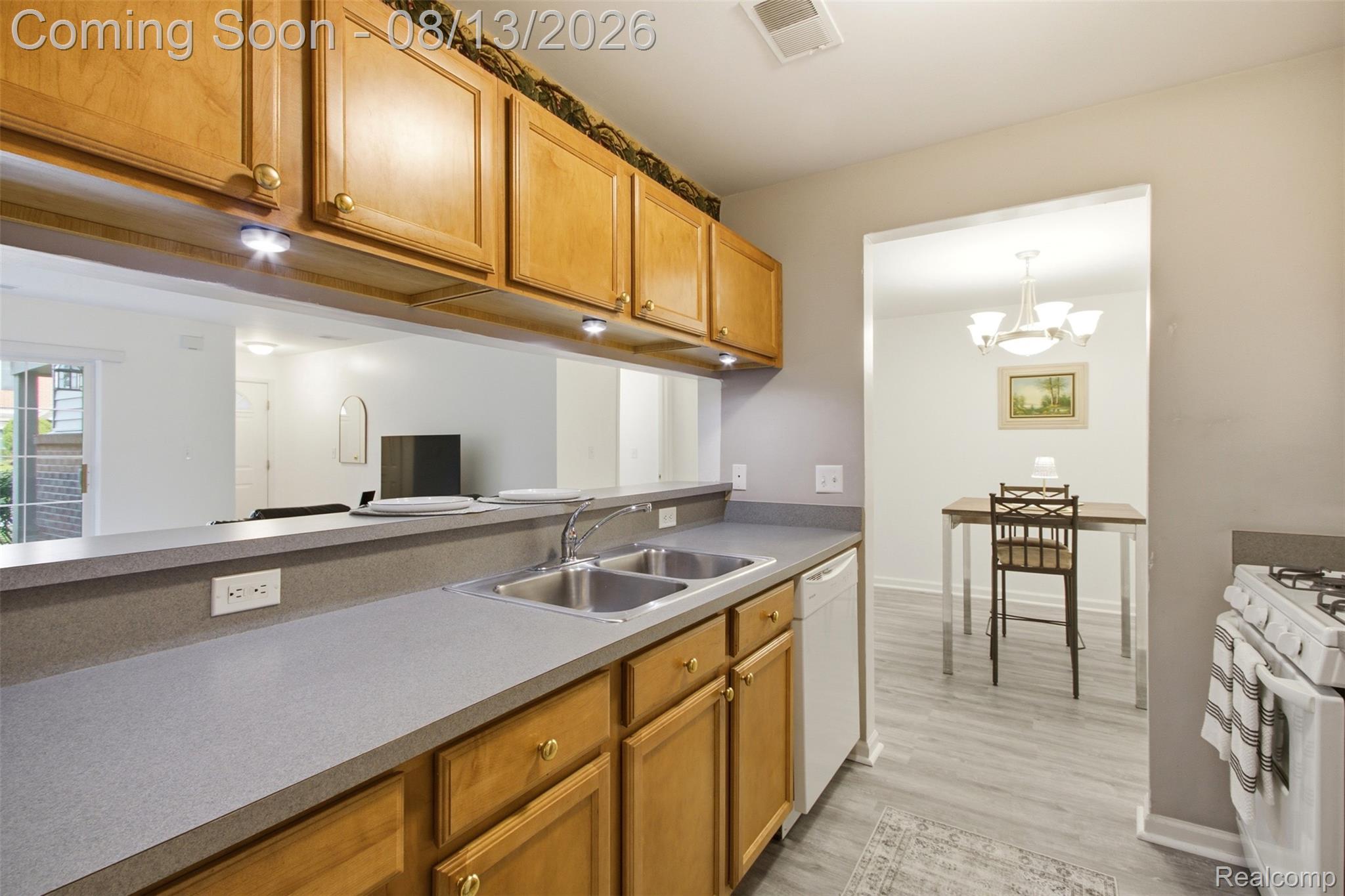 20656 Dunham Road, Unit 18 Clinton Township, MI 48038 - Photo 11 of 18 Kitchen with light wood-finish cabinetry, a dual-basin stainless steel sink, and light gray countertops