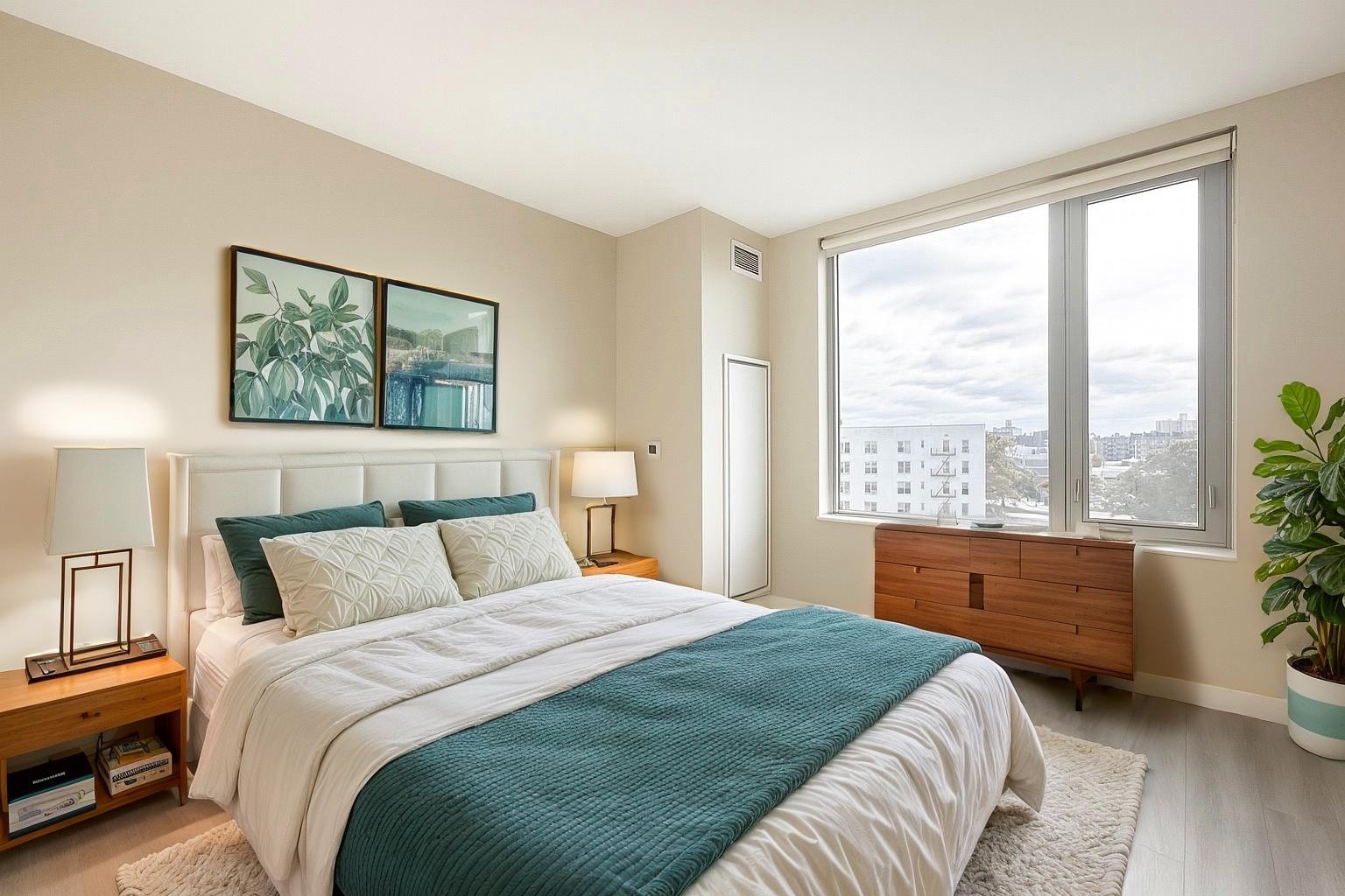 a bedroom with a large bed and a window