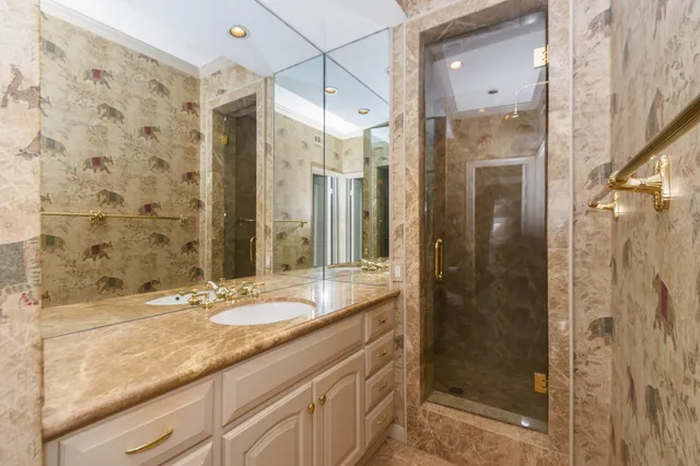 a bathroom with a granite countertop sink mirror and shower