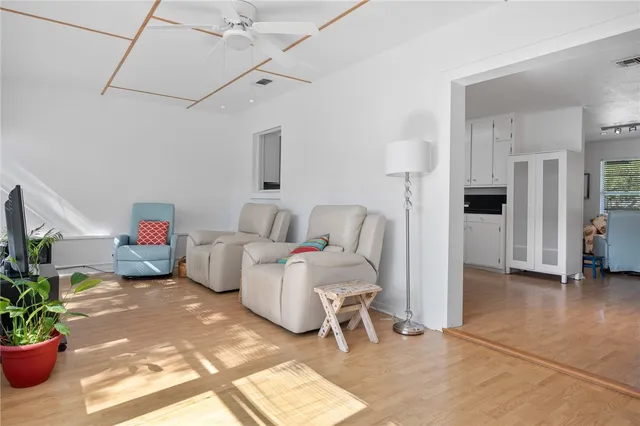 a living room with furniture and a potted plant