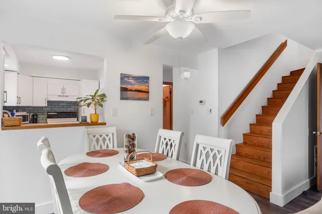 a view of a dining room with furniture