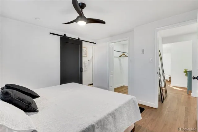 a bedroom with a bed and a walk in closet