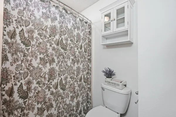 a bathroom with a toilet and a shower curtain