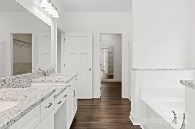 a bathroom with a granite countertop bathtub shower sink and mirror
