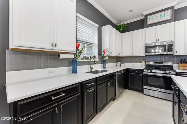 a view of an empty room with a potted plant and a window