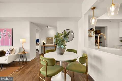 a view of a dining room with furniture