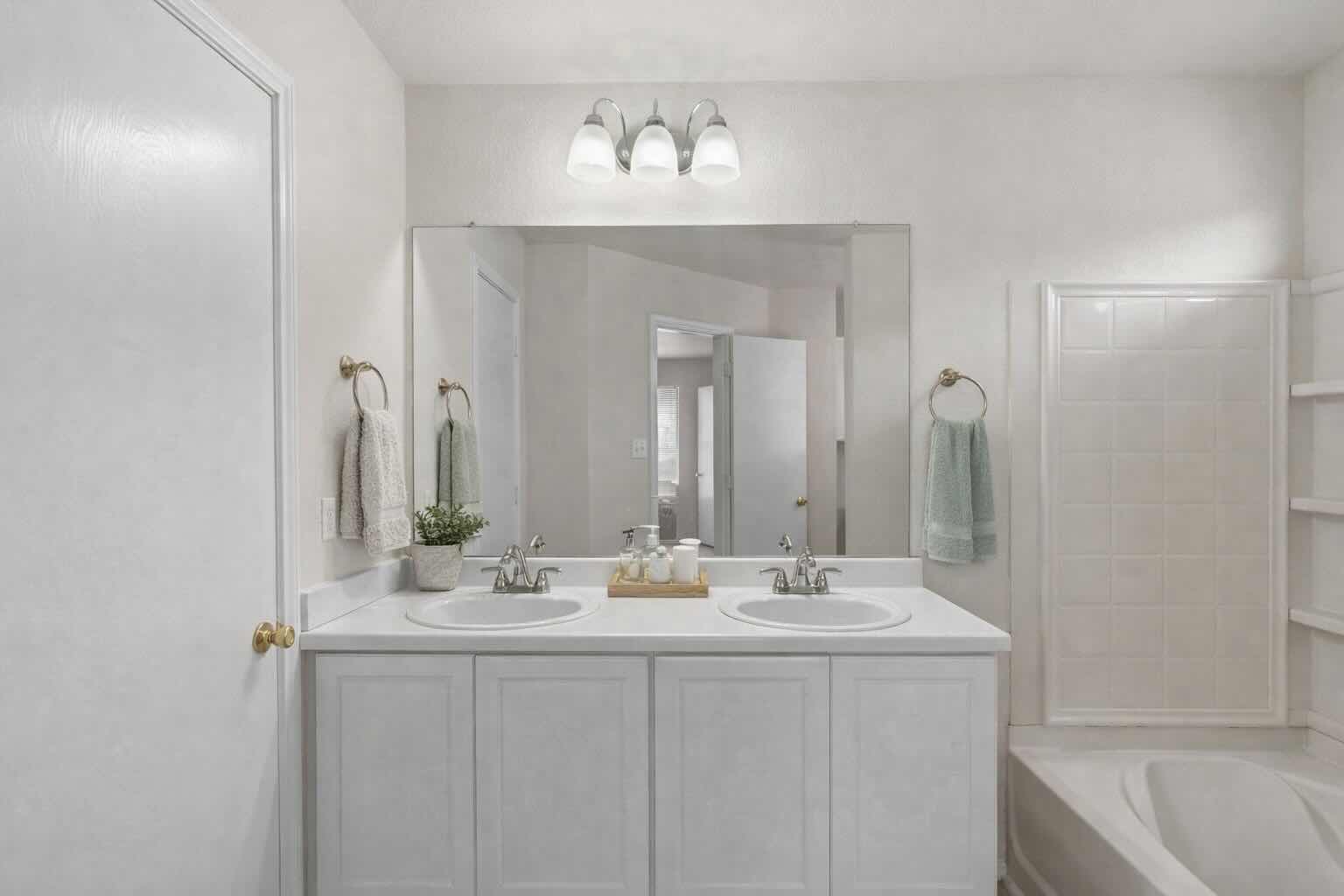 208 Dandelion Loop Kyle, TX 78640 - Photo 8 of 39 Bathroom featuring a dual-sink vanity with white cabinetry, a large wall-mounted mirror, overhead vanity lighting, and a built-in bathtub with tiled surround