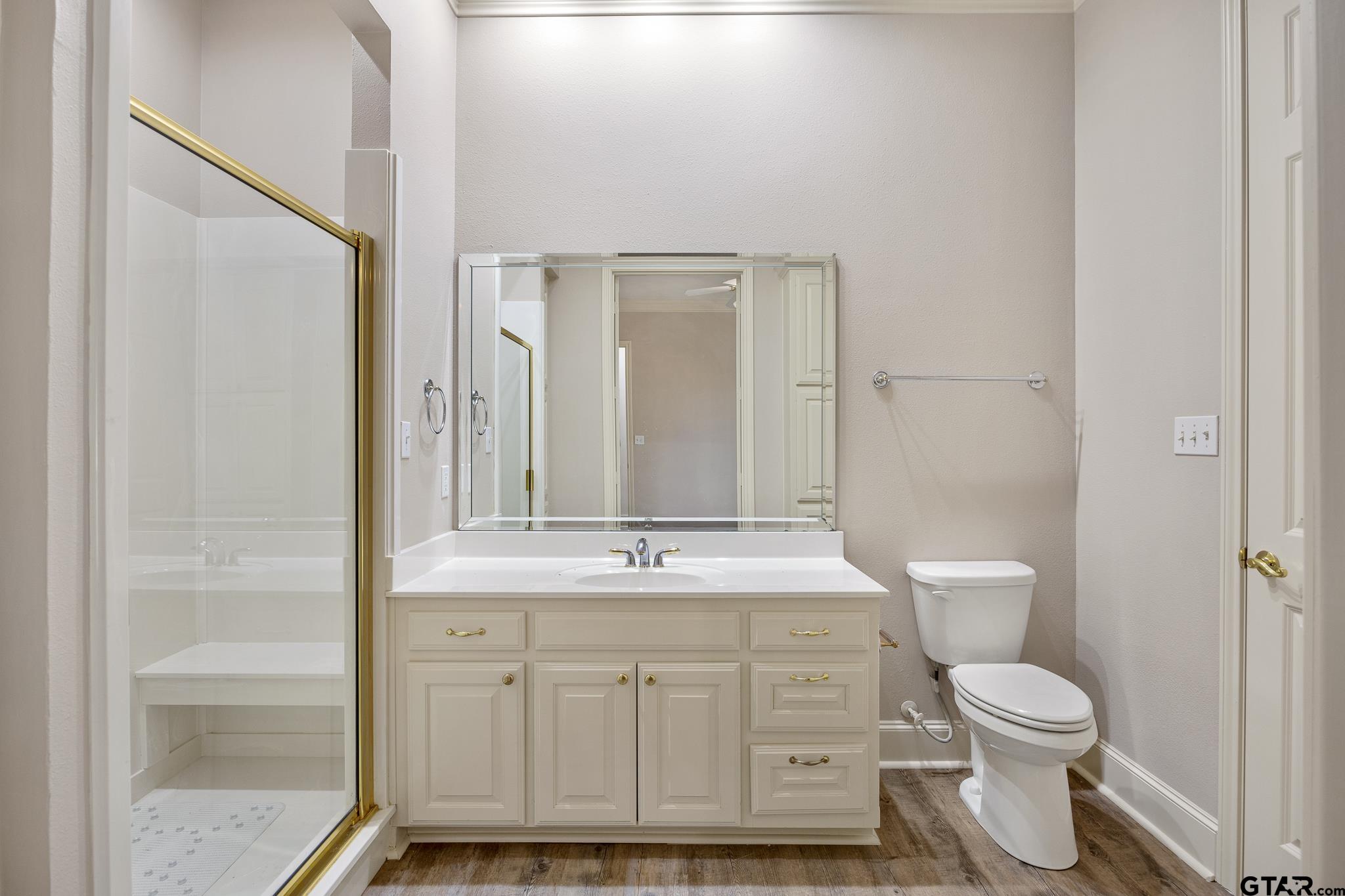 2431 Homestead Lane Tyler, TX 75701 - Photo 18 of 26 a bathroom with a granite countertop toilet a sink and a mirror