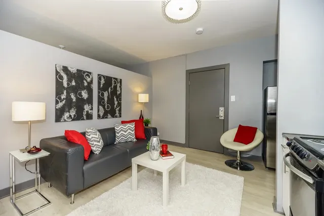 a living room with furniture and a rug