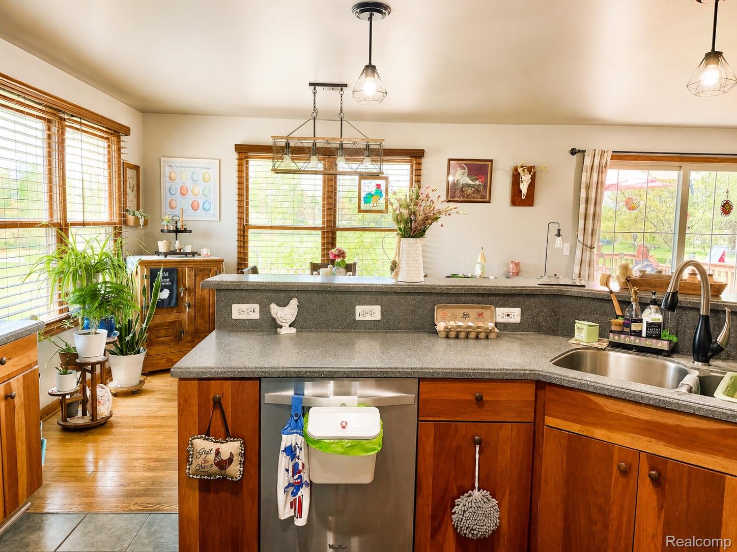 6860 Grand River Road Bancroft, MI 48414 - Photo 6 of 31 Kitchen with stainless steel dishwasher, healthy amount of natural light, wood finish cabinets, and pendant lighting
