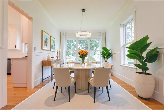 a dining room with furniture potted plants and wooden floor