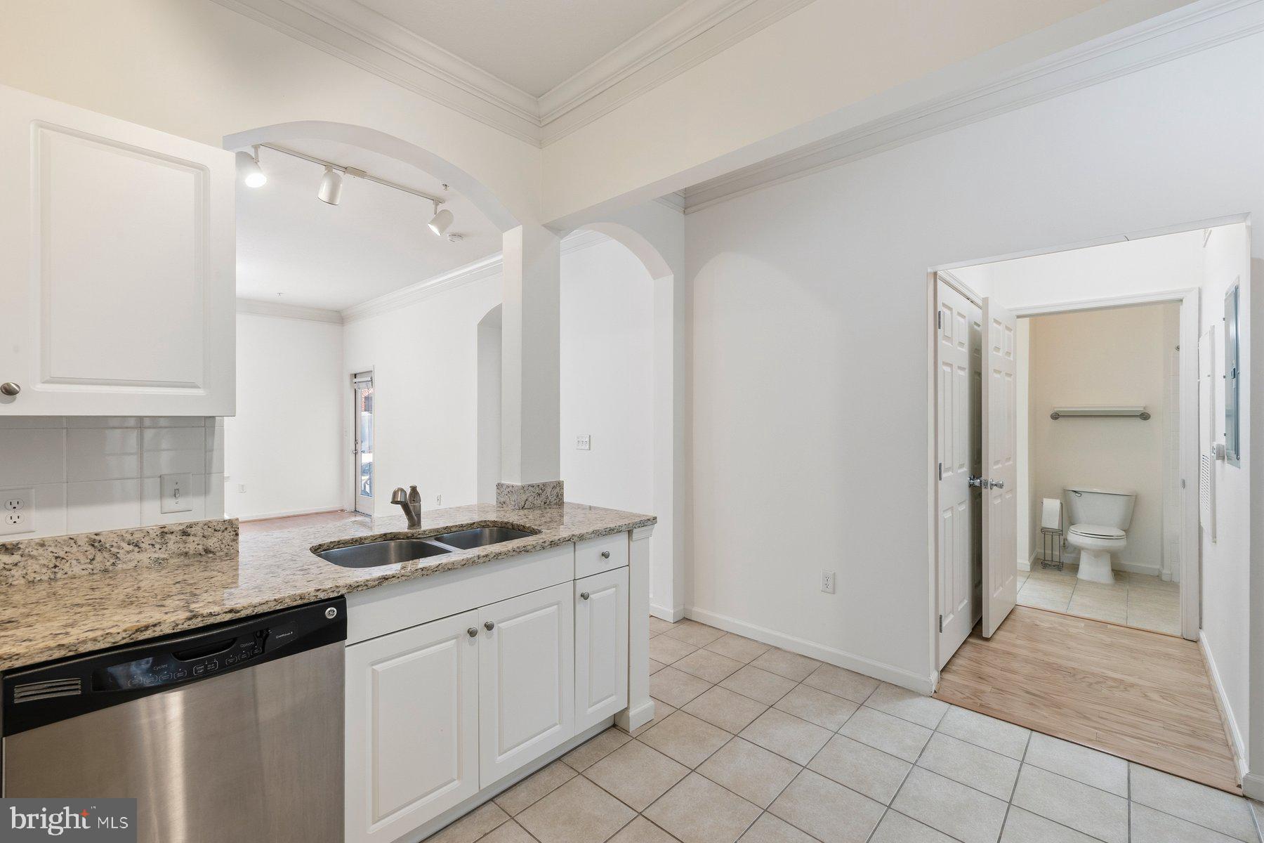 7 Booth Street, Unit 109 Gaithersburg, MD 20878 - Photo 9 of 28 a spacious bathroom with a granite countertop sink and a mirror