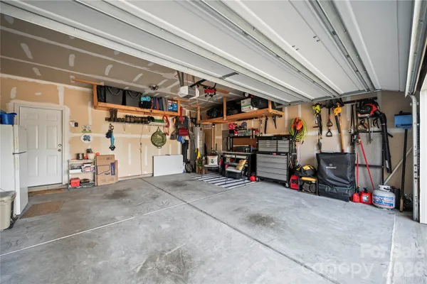 a view of a garage with storage