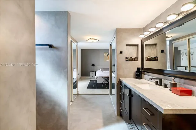 a large bathroom with a double vanity sink and a mirror