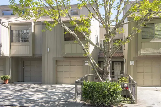 a front view of a house with a tree