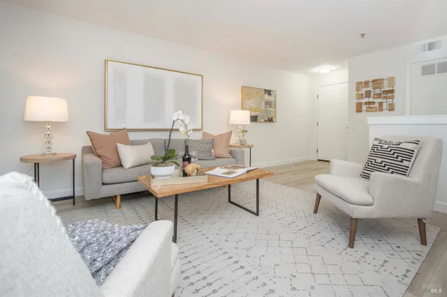 a living room with furniture and a rug