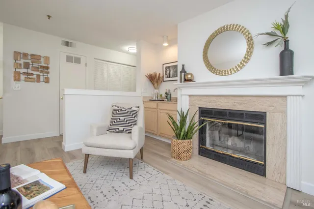 a living room with a fireplace furniture a rug and a fireplace