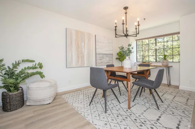 a view of a dining room with furniture and a potted plant