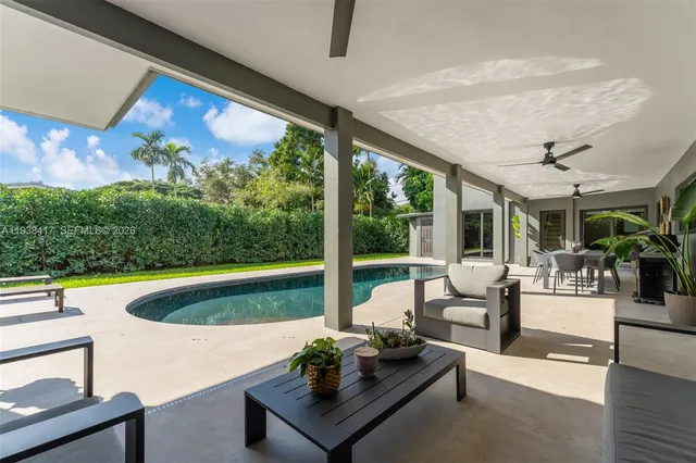 a view of a backyard with palm trees