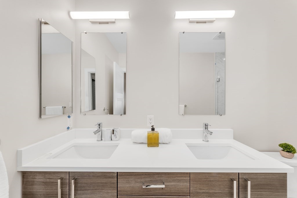 425 Lagrange Street, Unit 109 Boston, MA 02132 - Photo 11 of 42 a bathroom with double vanity sinks and a mirror