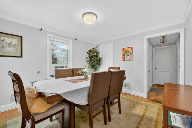 a view of a dining room with furniture and a potted plant