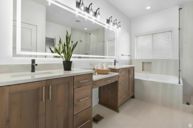 638 East Mountain Road North Ogden, UT 84414 - Photo 14 of 28 Bathroom with double vanity, a shower stall, a bath, and recessed lighting