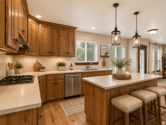 1279 West 1500th Street North Mapleton, UT 84664 - Photo 24 of 93 Kitchen featuring wood-finish cabinetry, light-toned countertops, a built-in gas range, stainless steel dishwasher, and a center island with pendant lighting