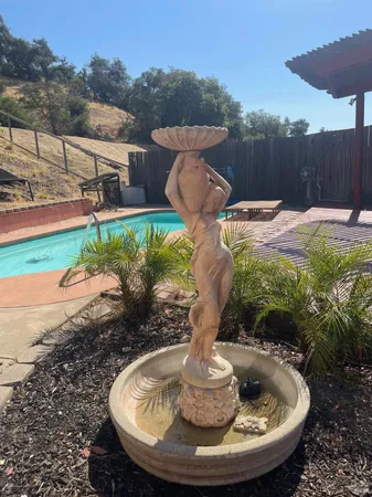 a view of a fountain in the backyard