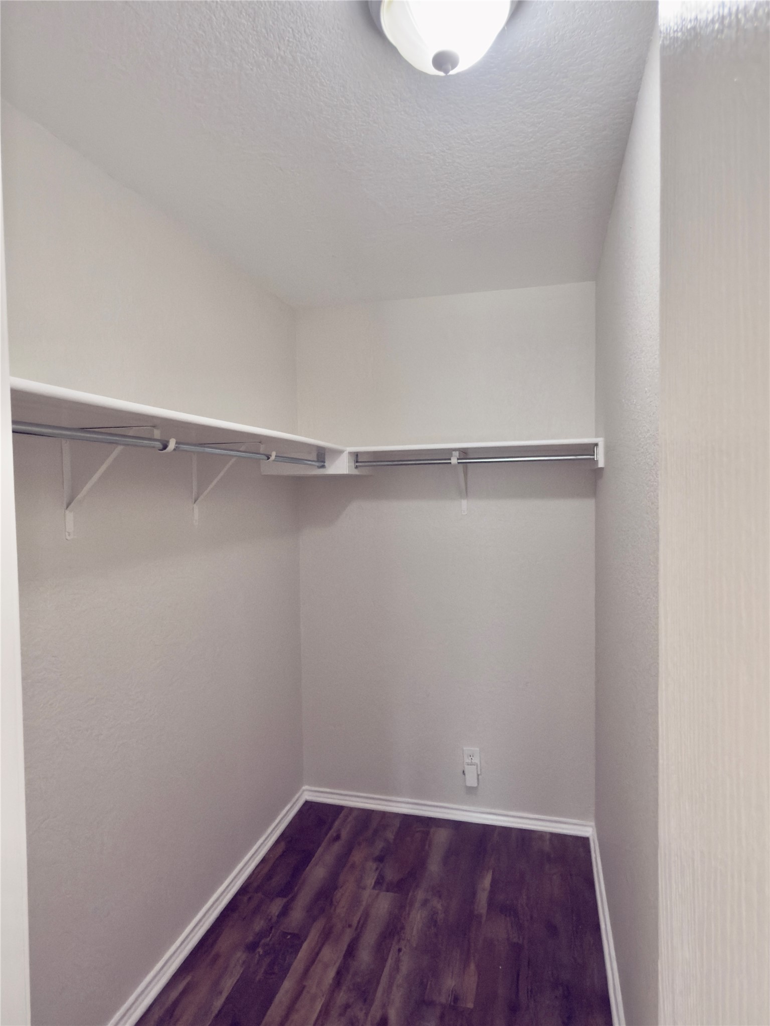 255 Myrtle Street Kyle, TX 78640 - Photo 24 of 31 Walk-in closet with L-shaped shelving, chrome hanging rods, wood-finish flooring, and a flush-mount ceiling light fixture