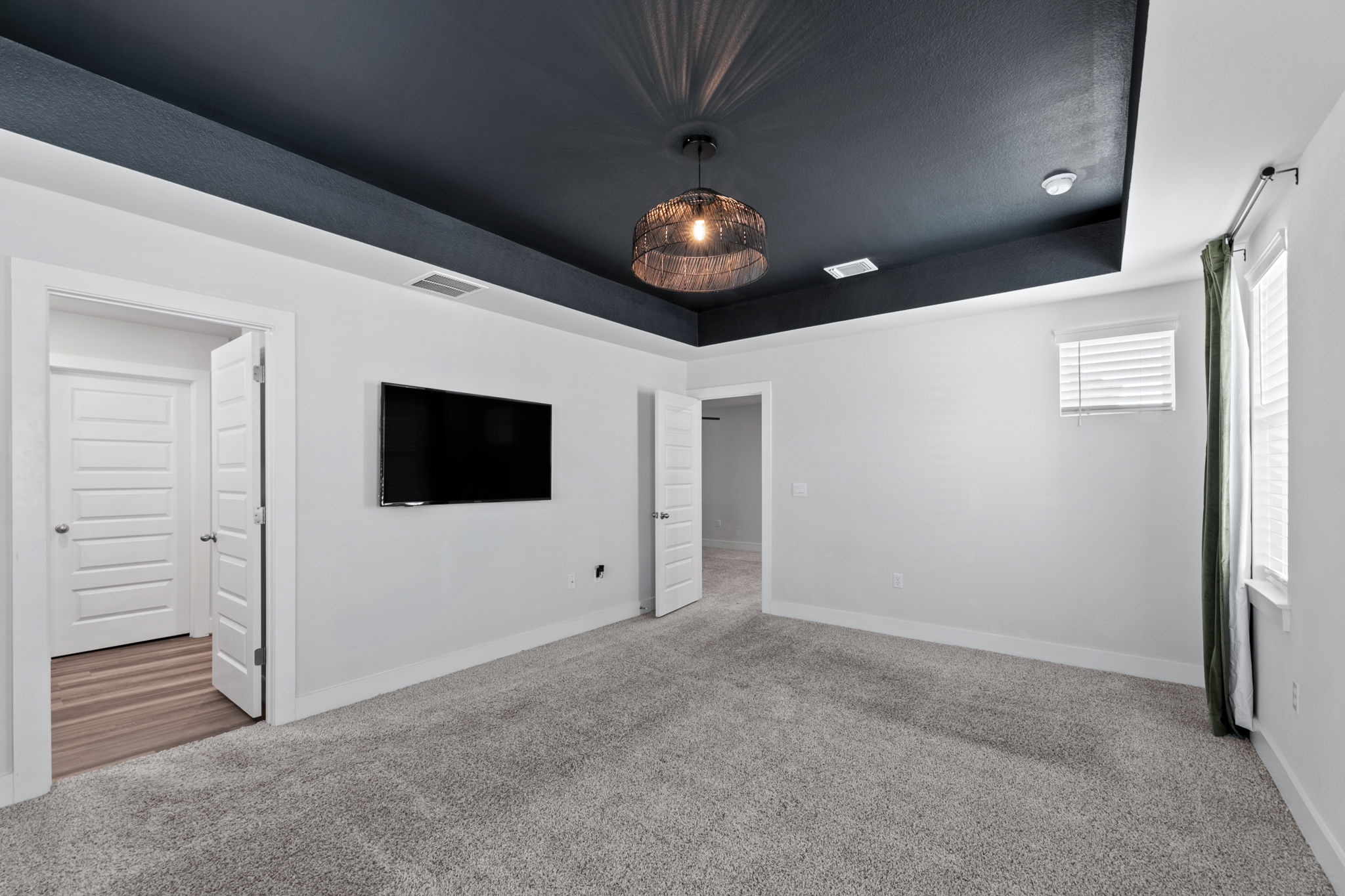 7312 Travertine Spring Drive Austin, TX 78744 - Photo 18 of 32 A dark tray ceiling with a striking light fixture defines this spacious, carpeted room.