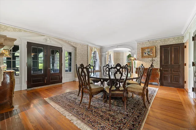 a view of a dining room with furniture