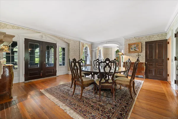 a view of a dining room with furniture